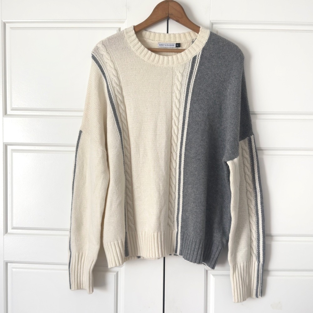 Zaket Plover Snow Sweater Womens XL Cream Gray Wool Colorblock Cable Knit Crew